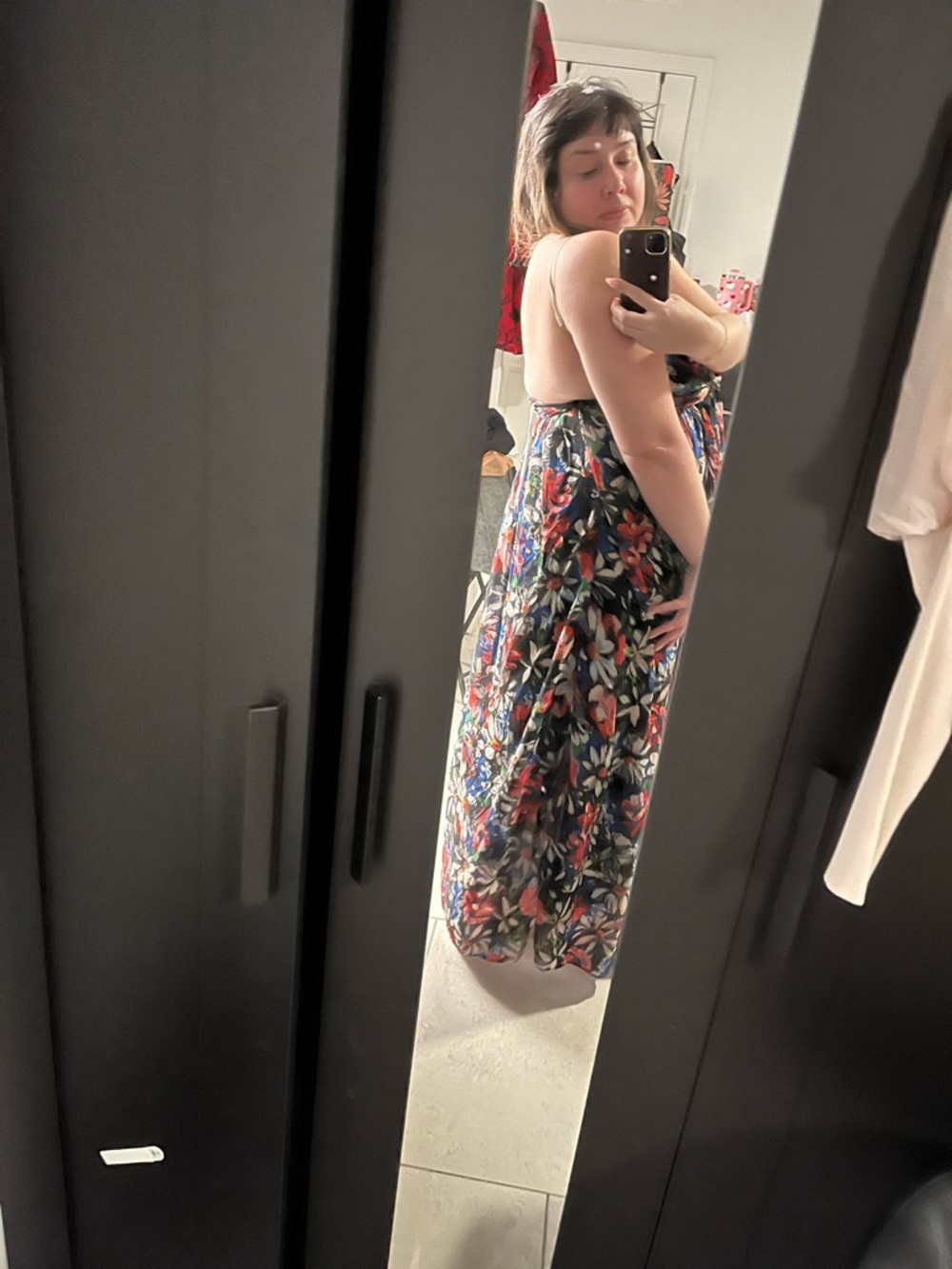 Strapless Bandeau Floral Maxi Dress in Black with Multicolor Print